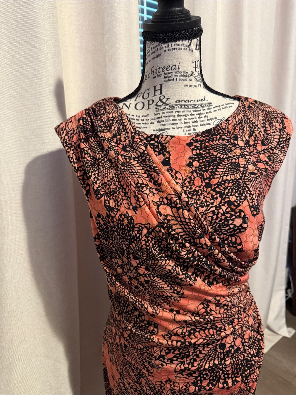 Coral & Black Ruched Faux Wrap Sheath Dress Size 6
